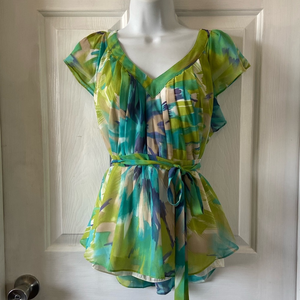 V-Neck Tie-Waist Blouse - Multi Green Blue Print